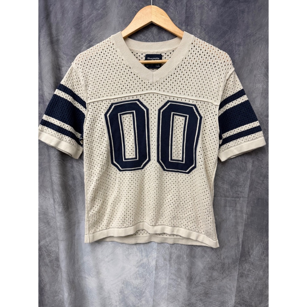 Abercrombie & Fitch Crochet Knit Football Jersey Sweater Cream Navy 00 XS